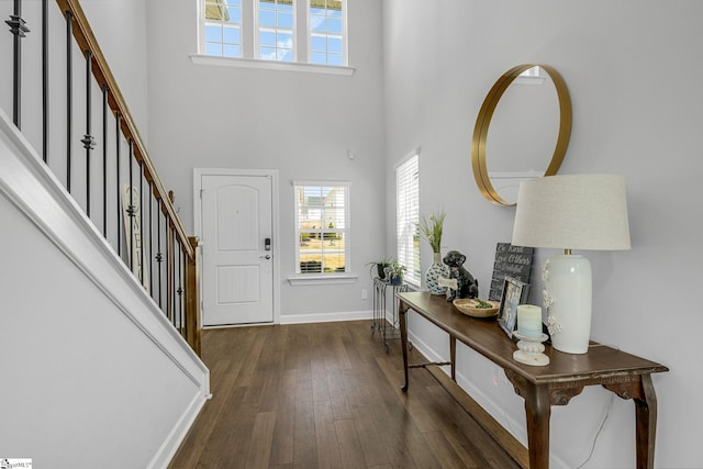 foyer entrance featuring baseboards, a high ceiling, a healthy amount of sunlight, and wood finished floors