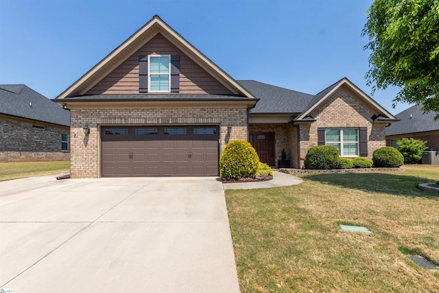 craftsman-style house with a garage, central AC, a front lawn, concrete driveway, and brick siding