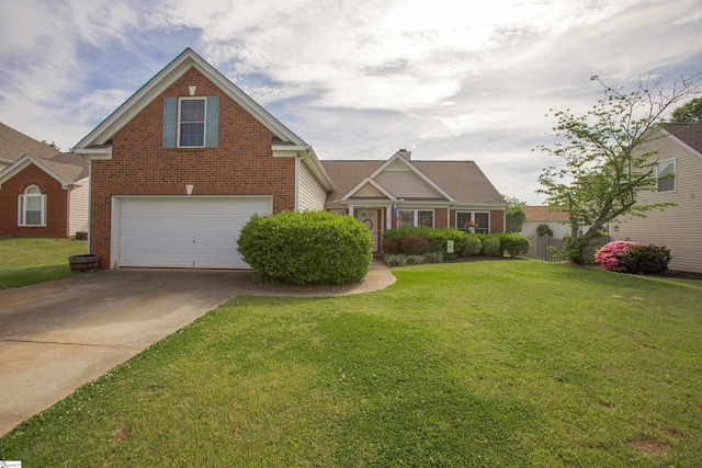 view of front facade with concrete driveway, a garage, a front lawn, and brick siding