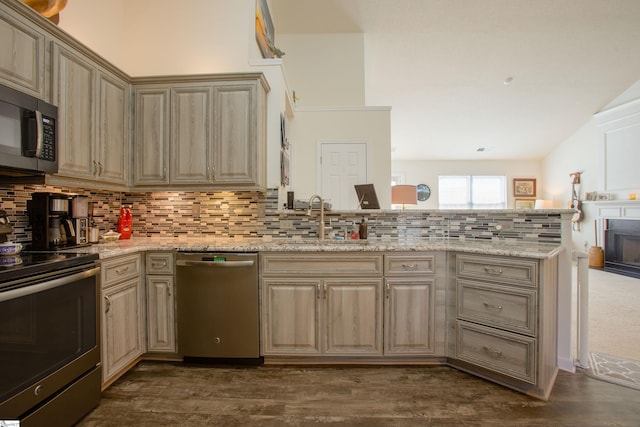kitchen with stainless steel appliances, a peninsula, decorative backsplash, and a sink
