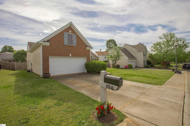 view of front of house featuring brick siding, fence, a garage, concrete driveway, and a front lawn