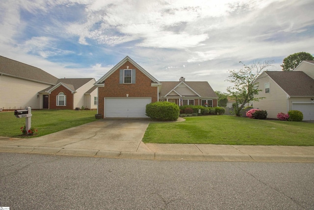 traditional home with concrete driveway, brick siding, a garage, and a front lawn
