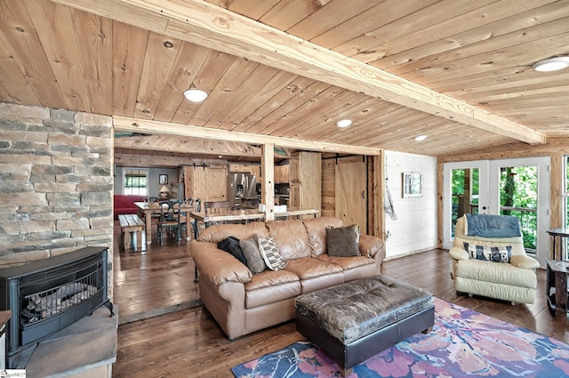 261 Joann Cir, Fair Play, SC 29643 - living area featuring wood ceiling, french doors, beam ceiling, and wood-type flooring