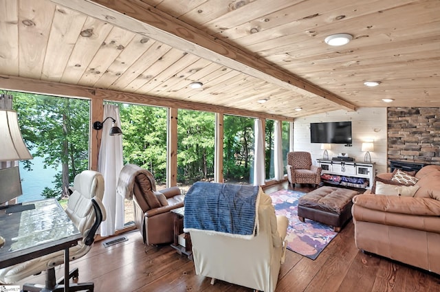 261 Joann Cir, Fair Play, SC 29643 - living room with hardwood / wood-style floors, wood ceiling, vaulted ceiling with beams, and wooden walls