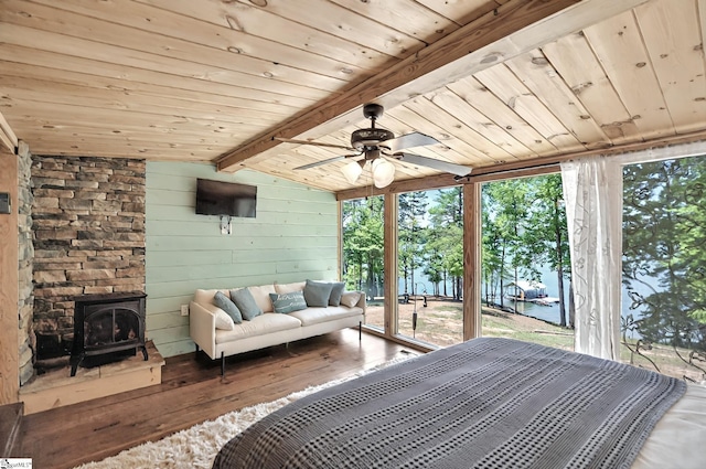 261 Joann Cir, Fair Play, SC 29643 - bedroom featuring multiple windows, wood ceiling, access to outside, and vaulted ceiling with beams