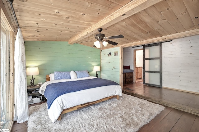 261 Joann Cir, Fair Play, SC 29643 - bedroom with lofted ceiling with beams, wood walls, wood-type flooring, and wooden ceiling