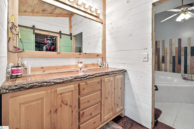 261 Joann Cir, Fair Play, SC 29643 - bathroom featuring vanity, wooden walls, a ceiling fan, and a tub to relax in