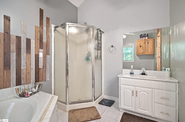 261 Joann Cir, Fair Play, SC 29643 - bathroom with a shower stall, tile patterned flooring, vanity, and a bath