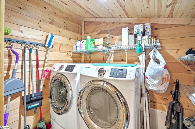 261 Joann Cir, Fair Play, SC 29643 - washroom featuring laundry area, wooden walls, wood ceiling, and separate washer and dryer