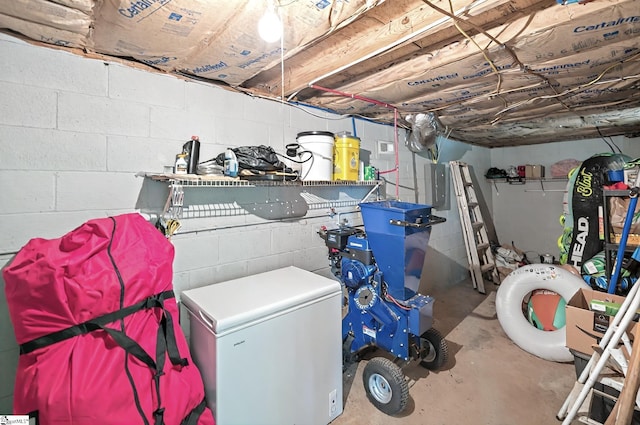 261 Joann Cir, Fair Play, SC 29643 - unfinished below grade area featuring white fridge, concrete block wall, and electric panel
