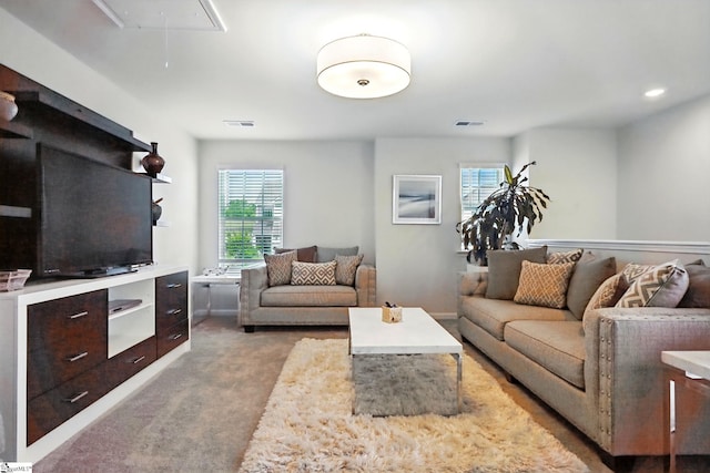 562 New Cut Meadows Rd, Inman, SC 29349 - living area with baseboards, light carpet, visible vents, and attic access