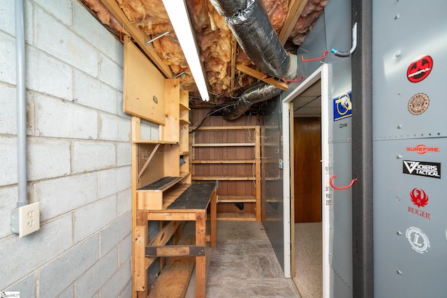 unfinished basement featuring concrete block wall