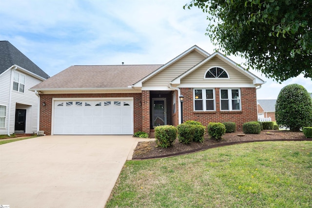 single story home with concrete driveway, brick siding, a front yard, and a garage