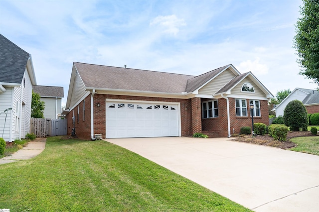 ranch-style house with a gate, an attached garage, brick siding, concrete driveway, and a front lawn