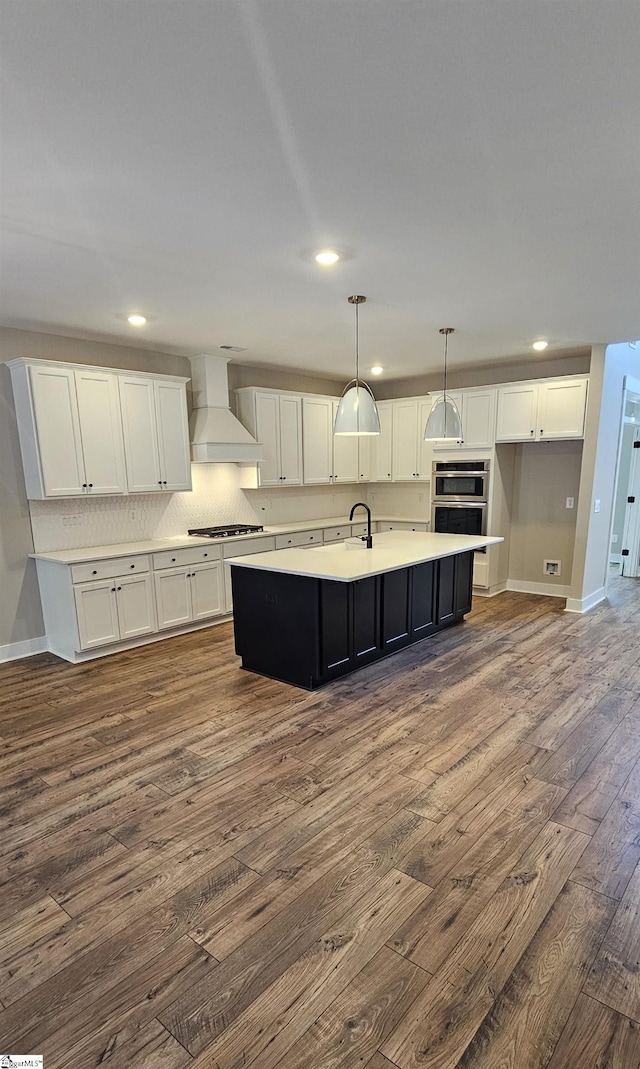 317 Breakwater Ln, Seneca, SC 29678 - kitchen featuring custom exhaust hood, stainless steel appliances, dark wood-style floors, white cabinets, and light countertops