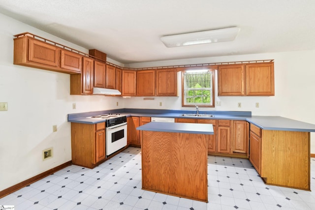 kitchen with under cabinet range hood, light floors, white appliances, and a sink