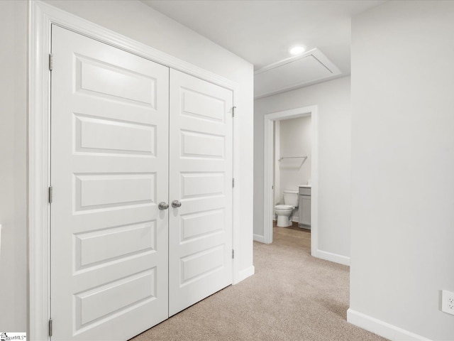 112 Arrow Ct, Greer, SC 29651 - unfurnished bedroom with light colored carpet, attic access, a closet, and recessed lighting