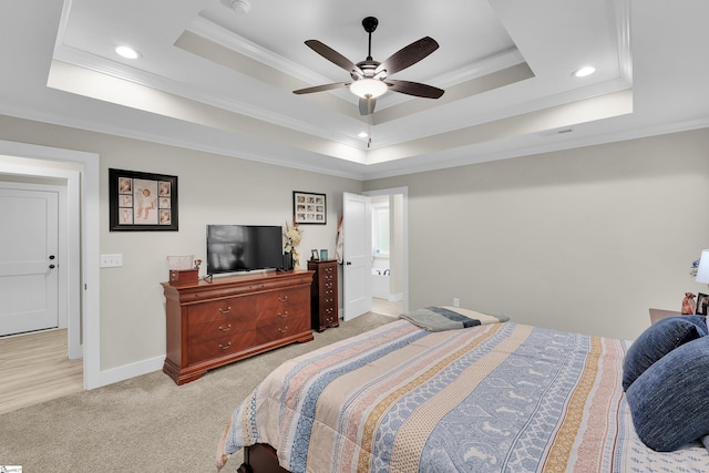 555 Canewood Ln, Campobello, SC 29322 - bedroom featuring recessed lighting, crown molding, light carpet, a tray ceiling, and baseboards