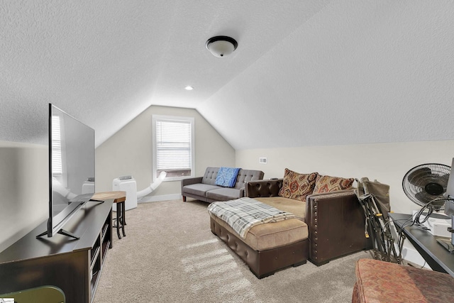 555 Canewood Ln, Campobello, SC 29322 - carpeted living area with vaulted ceiling, a textured ceiling, and baseboards
