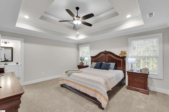 555 Canewood Ln, Campobello, SC 29322 - bedroom with a tray ceiling, crown molding, light carpet, and baseboards