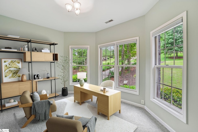 office area featuring light colored carpet, a wealth of natural light, and baseboards