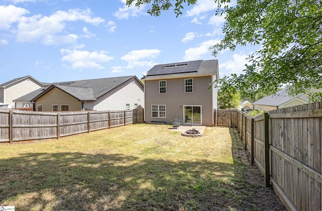 301 Glenlea Ln, Greenville, SC 29617 - back of property with a fenced backyard, an outdoor fire pit, solar panels, and a lawn