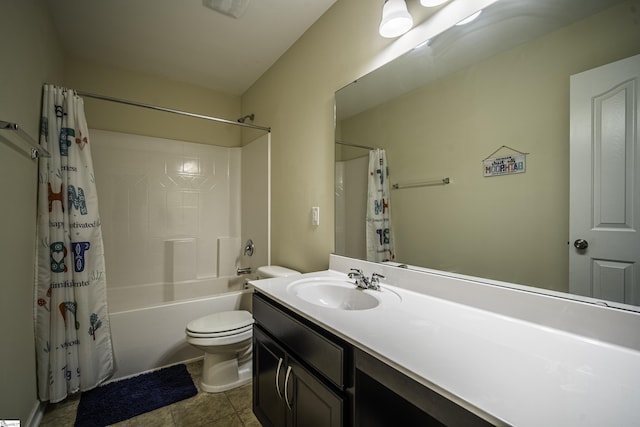 bathroom featuring toilet, visible vents, tile patterned flooring, shower / bathtub combination with curtain, and vanity