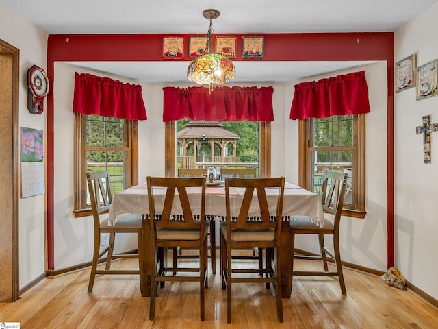 dining room with a wealth of natural light, a chandelier, wood finished floors, and baseboards