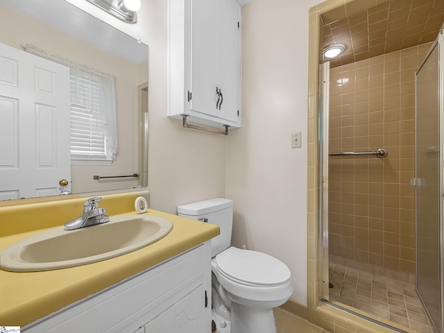 full bathroom featuring a shower stall, vanity, and toilet
