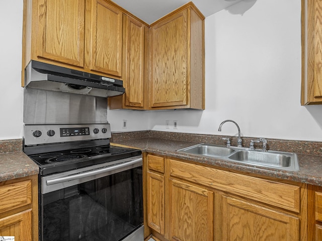 797 Jackson St, Spartanburg, SC 29303 - kitchen with dark countertops, under cabinet range hood, a sink, and stainless steel range with electric cooktop