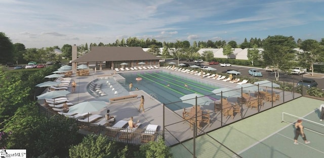 pool with a patio