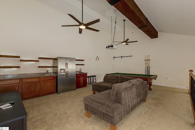 living area featuring ceiling fan, light carpet, and pool table