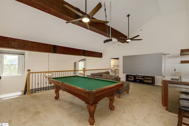 rec room with beam ceiling, light colored carpet, pool table, high vaulted ceiling, and a ceiling fan