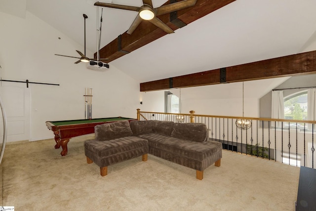 rec room featuring carpet flooring, beamed ceiling, ceiling fan, and high vaulted ceiling