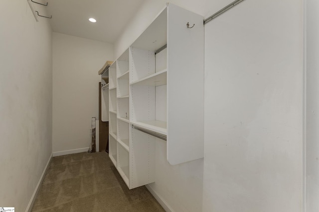 walk in closet featuring dark carpet
