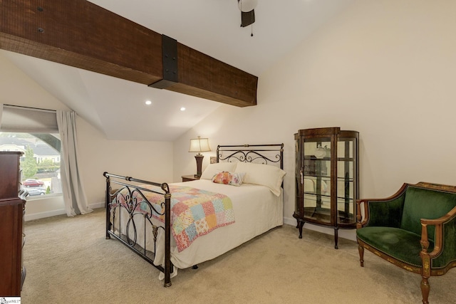 bedroom featuring vaulted ceiling, light colored carpet, baseboards, and recessed lighting