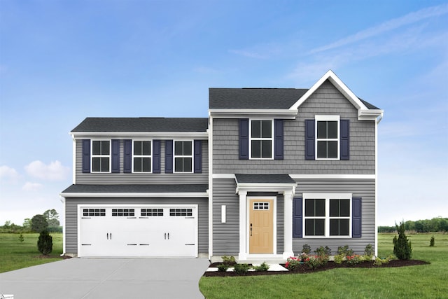 view of front of house with a front lawn, roof with shingles, driveway, and a garage