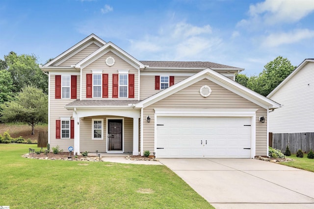 view of front of property featuring concrete driveway, a front lawn, and fence