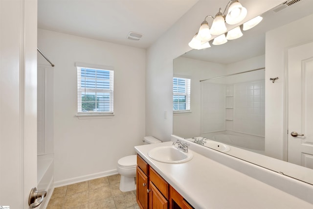 bathroom with toilet, visible vents, vanity, and shower / bathtub combination