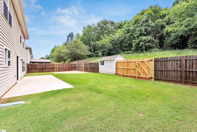 view of yard featuring a patio, an outbuilding, a fenced backyard, and a storage unit