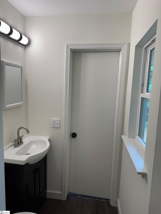 bathroom with baseboards, a wealth of natural light, vanity, and wood finished floors