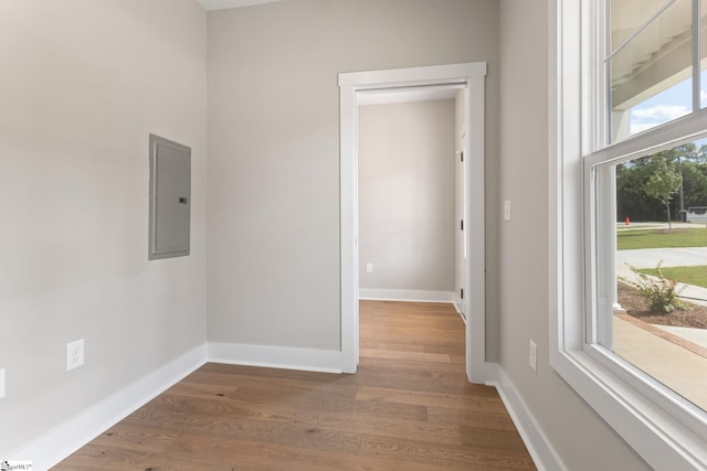 interior space featuring baseboards, electric panel, and wood finished floors