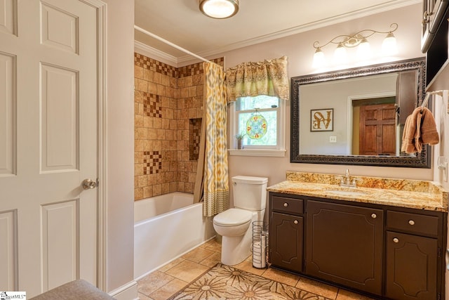 bathroom featuring toilet, shower / tub combo, tile patterned floors, vanity, and ornamental molding