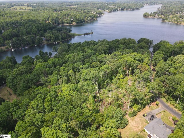 birds eye view of property featuring a water view and a view of trees