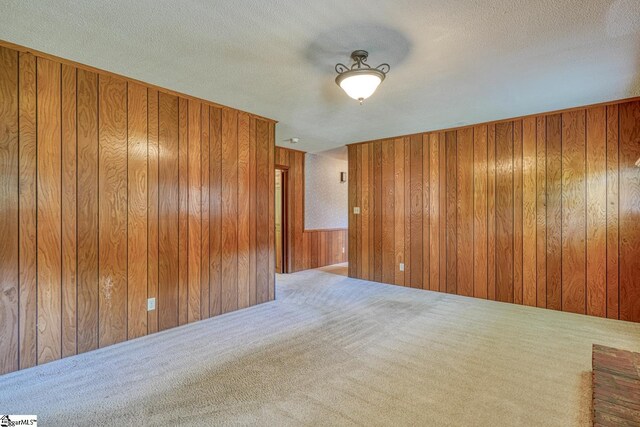 unfurnished room with wood walls, carpet, and a textured ceiling