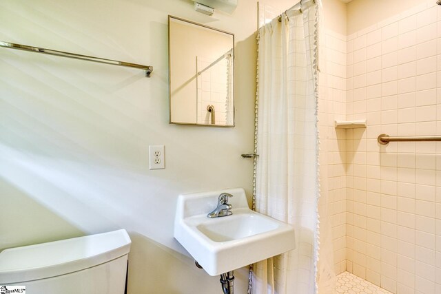 full bathroom with a stall shower, toilet, and a sink