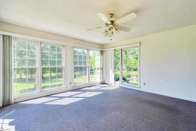 unfurnished sunroom featuring a wealth of natural light, a textured ceiling, and carpet floors