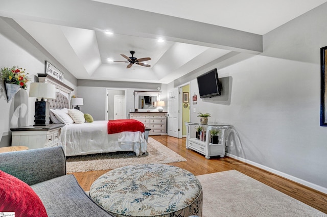 6 Shallow Creek Ct, Fountain Inn, SC 29644 - bedroom featuring a tray ceiling, recessed lighting, baseboards, ceiling fan, and light wood-type flooring