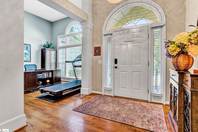 6 Shallow Creek Ct, Fountain Inn, SC 29644 - entryway with decorative columns, wood finished floors, baseboards, and a high ceiling