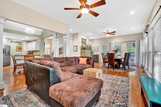 6 Shallow Creek Ct, Fountain Inn, SC 29644 - living room with a ceiling fan, light wood-style floors, recessed lighting, and decorative columns